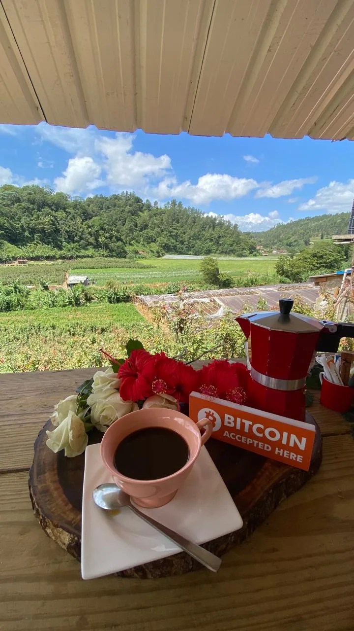 Taza de café con identidad Bitcoin frente a un valle agrícola del altiplano dominicano.