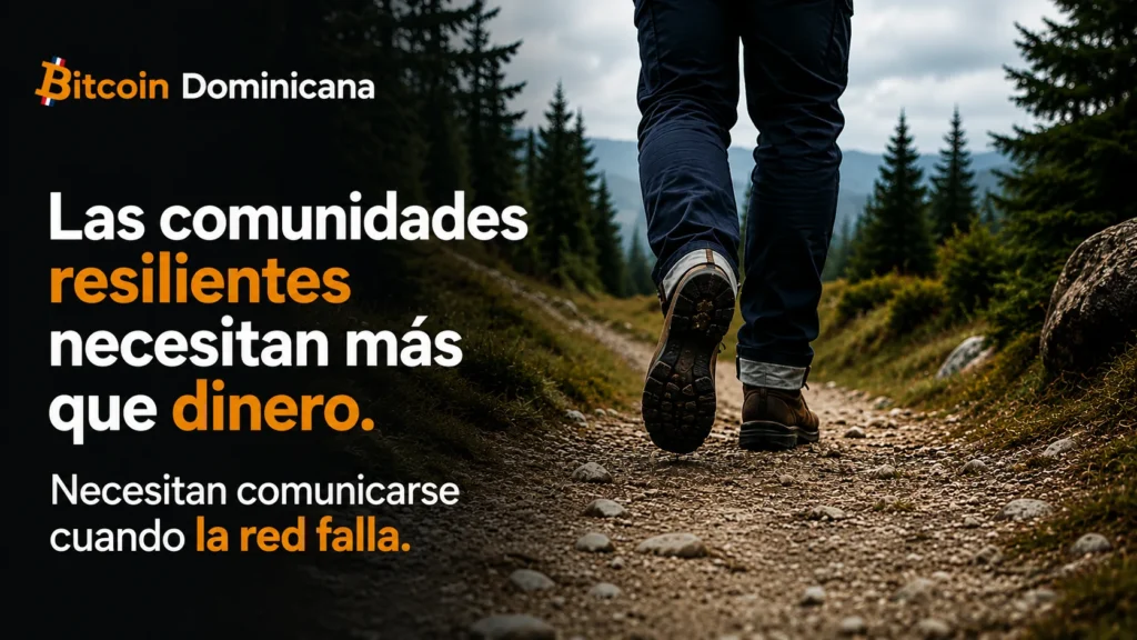 Persona caminando por un sendero representando la resiliencia comunitaria y la importancia de la comunicación descentralizada cuando la infraestructura tradicional falla.