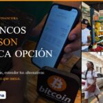 Portada editorial: pago real con Bitcoin Lightning en un comercio dominicano junto a un puesto de frutas y una calle de la Zona Colonial, con el titular Los bancos ya no son la única opción