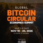 Afiche oficial del Global Bitcoin Circular Economies Summit 2026 sobre una vista aérea de la playa de El Zonte al atardecer, con la fecha 19 y 20 de noviembre de 2026 y el logo de Bitcoin Beach