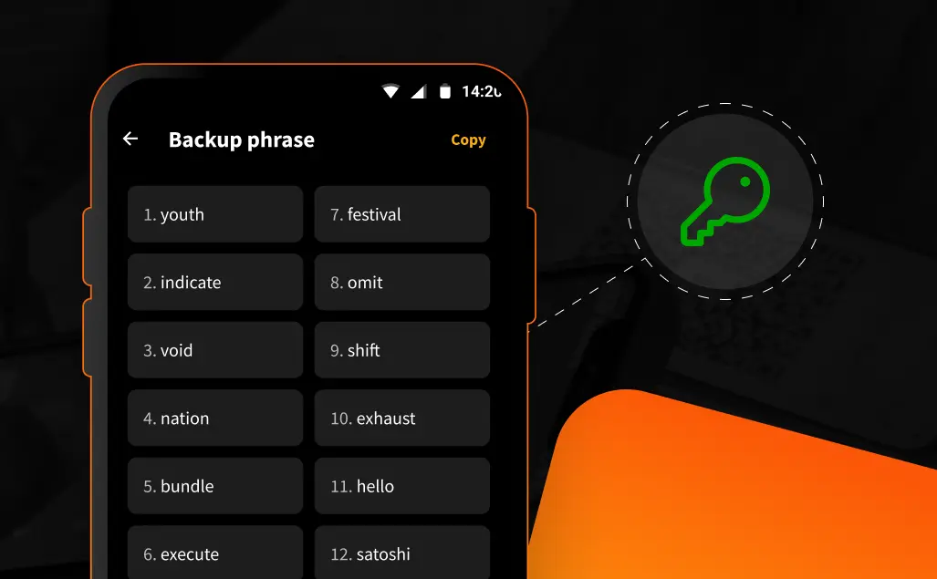 Autocustodia de bitcoin en Blink: pantalla de frase de recuperación de 12 palabras y llave privada