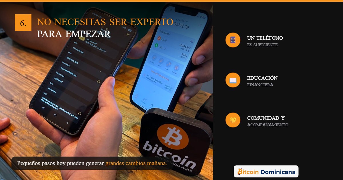Persona pagando con Bitcoin vía Lightning Network desde su teléfono en Rojis Fast Food, con un panel que lista teléfono, educación financiera y comunidad bajo el titular No necesitas ser experto para empezar