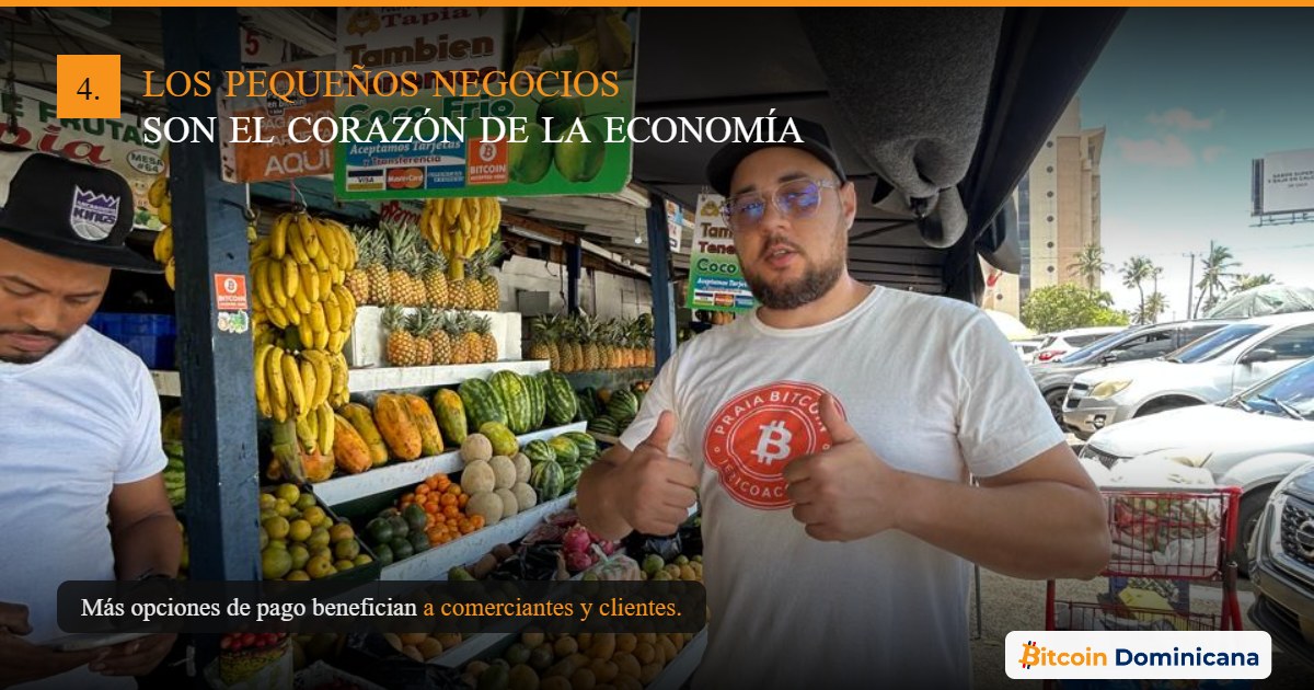 Puesto de frutas en Santo Domingo con plátanos, papayas y aguacates, con el titular Los pequeños negocios son el corazón de la economía