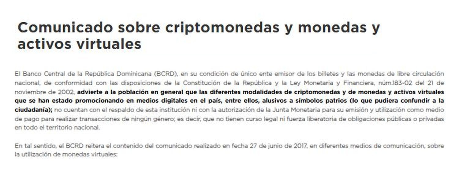 Comunicado del Banco Central de la República Dominicana sobre criptomonedas, monedas y activos virtuales.
