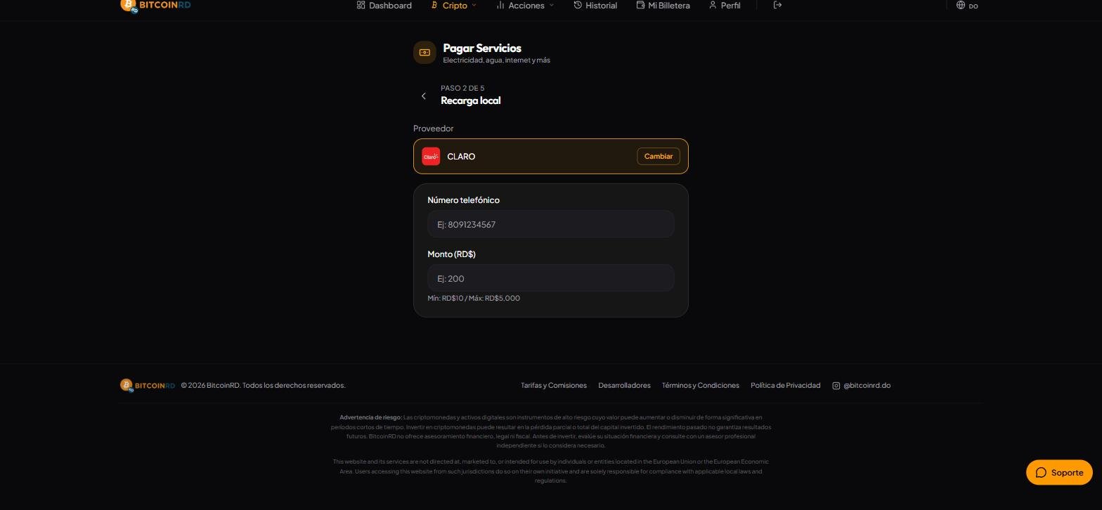 Pantalla de BitcoinRD con el total a pagar en pesos dominicanos y las opciones de pago en USDT, USDC o BTC