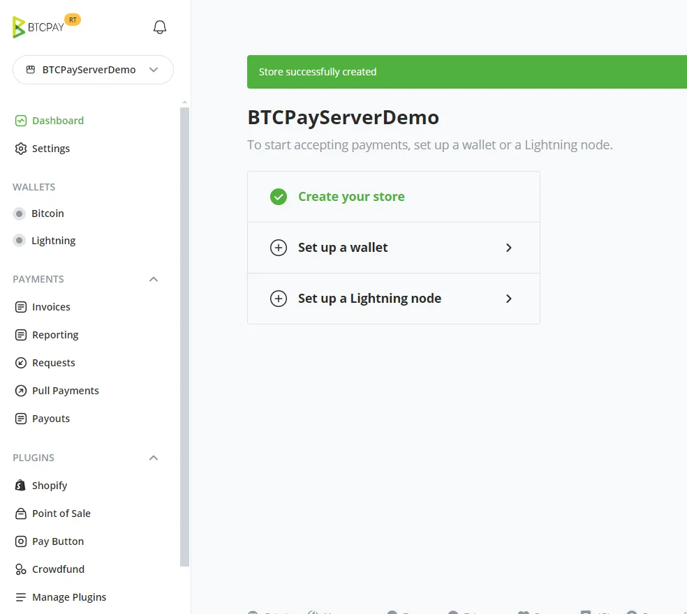 Pantalla de creación de una tienda en BTCPay Server