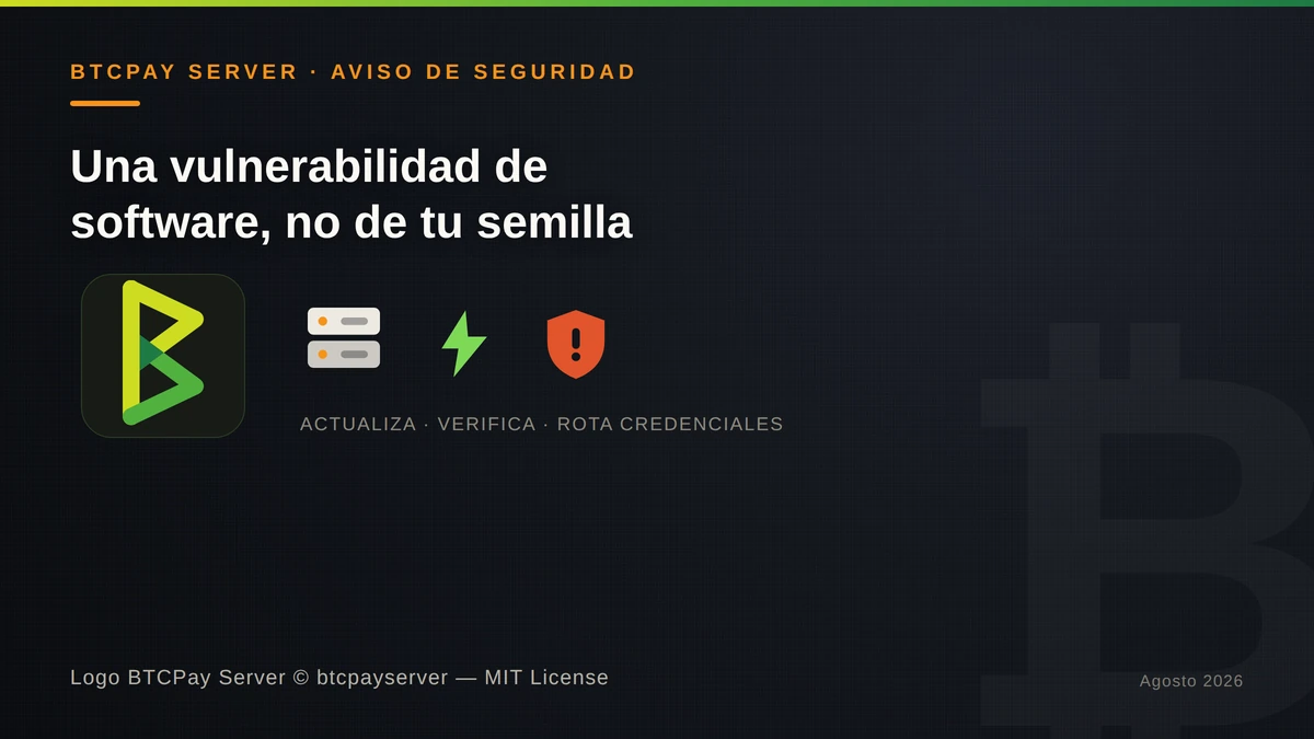 Logotipo oficial de BTCPay Server junto a íconos de servidor, rayo y un escudo de alerta, con el texto Una vulnerabilidad de software, no de tu semilla.