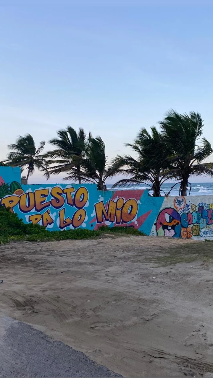 Un mural con la frase "Puesto Pá Lo Mío" en letras de colores, con palmeras inclinadas por el viento y el mar al fondo, en una comunidad costera dominicana.