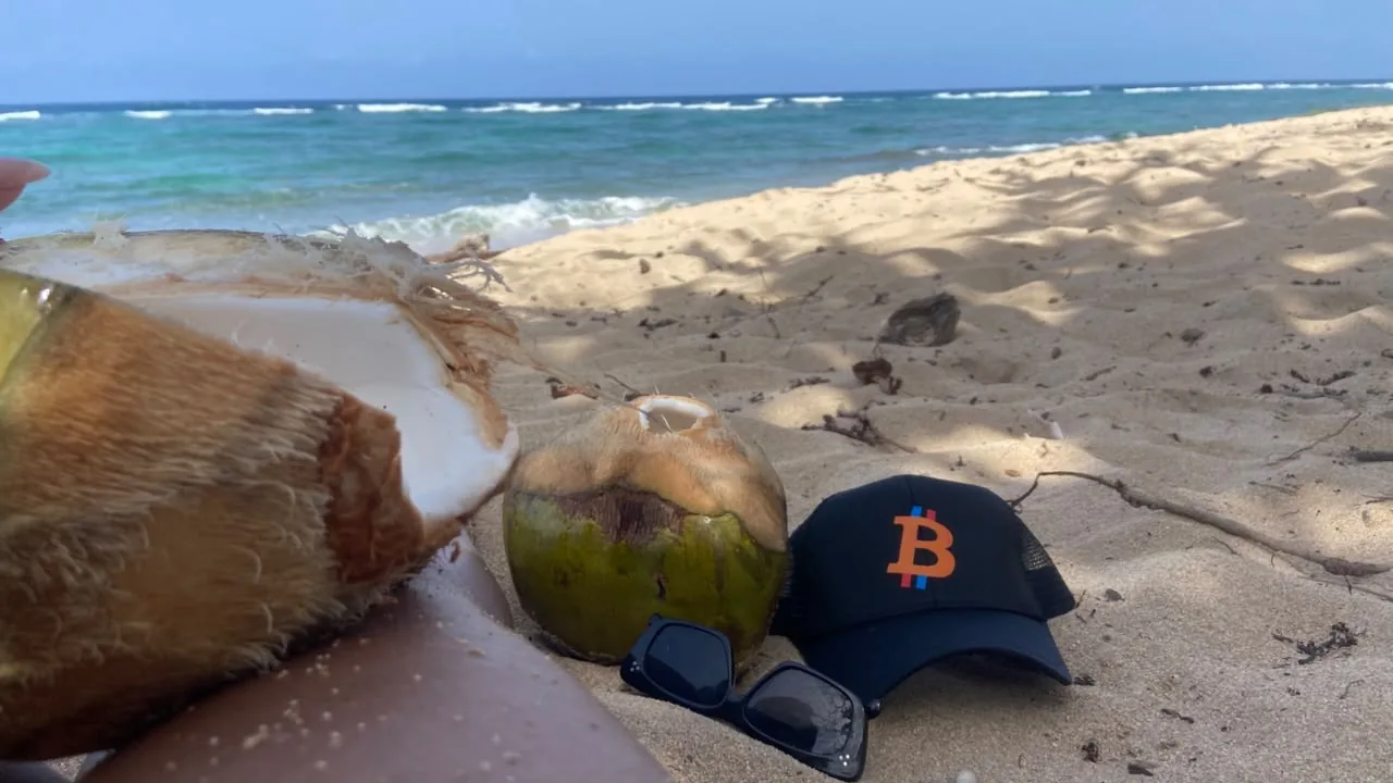 Un coco recién partido y otro entero junto a unas gafas de sol y una gorra negra con el logo de Bitcoin, sobre la arena de una playa dominicana.