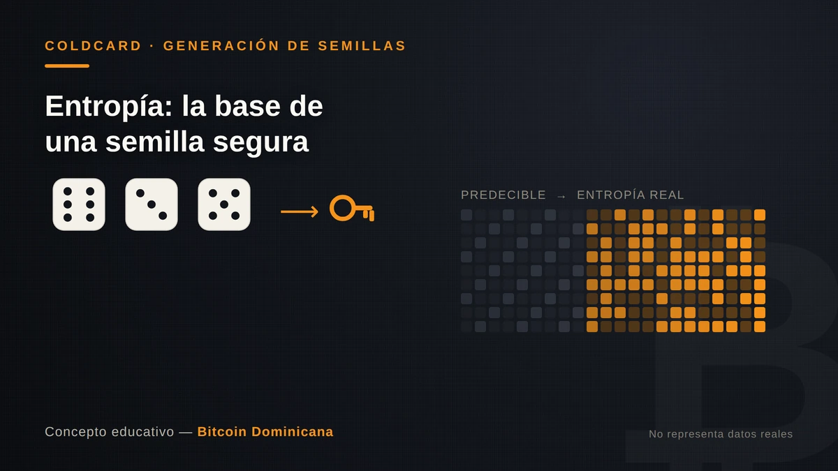 Tres dados y una llave con una flecha, junto a una cuadrícula que pasa de un patrón gris apagado a un degradado naranja, ilustrando el concepto de entropía en la generación de una semilla Bitcoin.