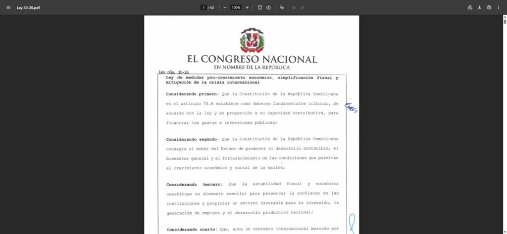Portada oficial de la Ley núm. 30-26, que incorporó los bienes digitales y criptoactivos al régimen de activos de capital del Código Tributario dominicano