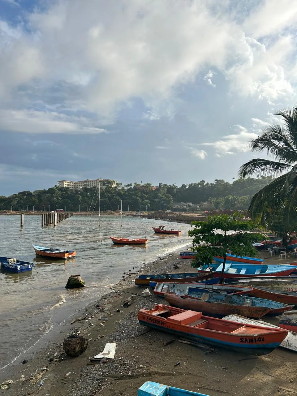 Botes de pesca de madera, azules y naranjas, varados en la arena de una bahía, con un hotel visible en la colina al fondo, en la costa dominicana.