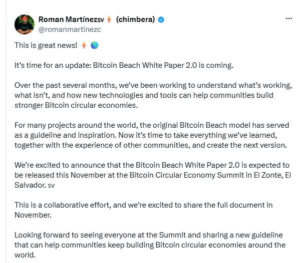 Publicación de Román Martínez en X anunciando que el Bitcoin Beach White Paper 2.0 se presentará en noviembre en El Zonte