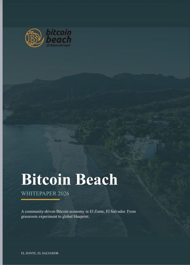 Portada del documento Bitcoin Beach Whitepaper 2026 sobre una vista aérea de la playa de El Zonte, El Salvador