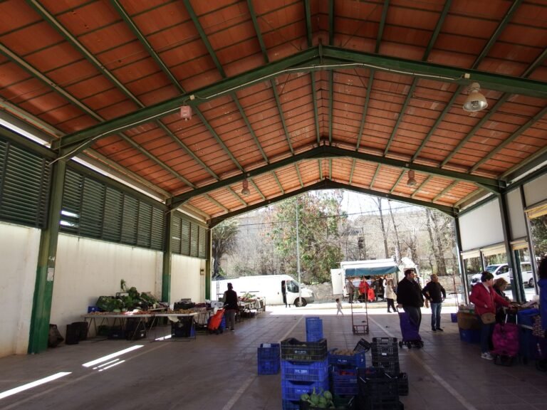 Nave techada del Mercado de La Romana con personas y puestos