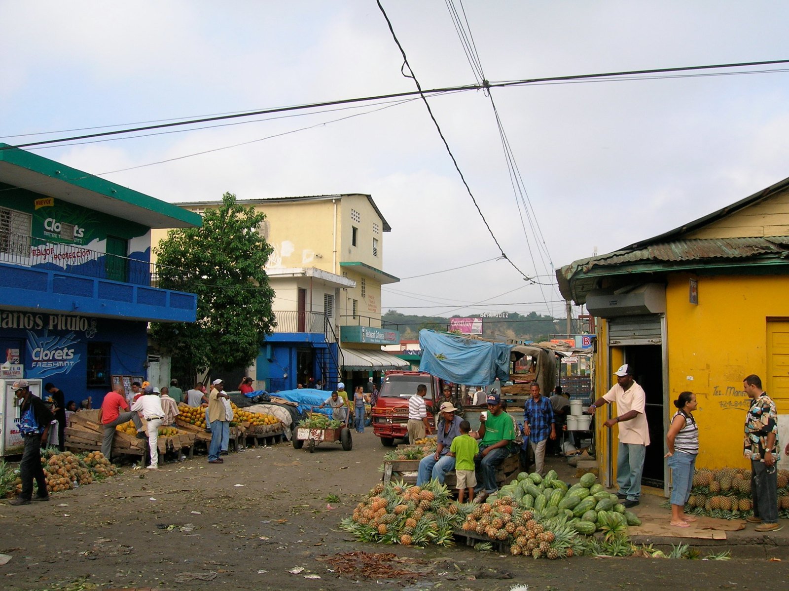 Mercado matutino al aire libre en una calle de Santiago de los Caballeros, con vendedores de piñas, plátanos y otros productos
