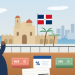 Ilustración editorial de una mujer comparando pesos dominicanos, ahorro con interés, dólares y Bitcoin frente a un paisaje dominicano estilizado.