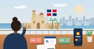 Ilustración editorial de una mujer comparando pesos dominicanos, ahorro con interés, dólares y Bitcoin frente a un paisaje dominicano estilizado.