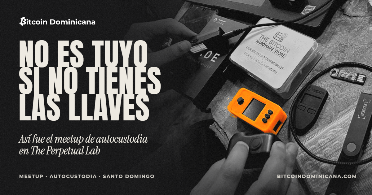Mesa de hardware wallets en blanco y negro con un SeedSigner naranja y el titular «No es tuyo si no tienes las llaves»