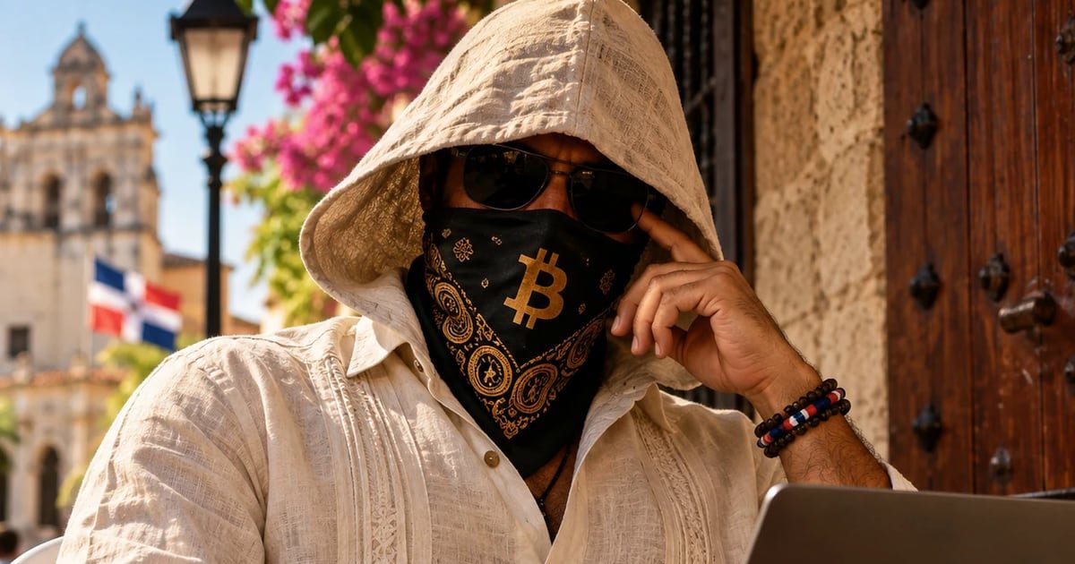 Personaje enmascarado con pañuelo de Bitcoin en un café de la Zona Colonial de Santo Domingo, ilustración de «Satoshi somos todos»