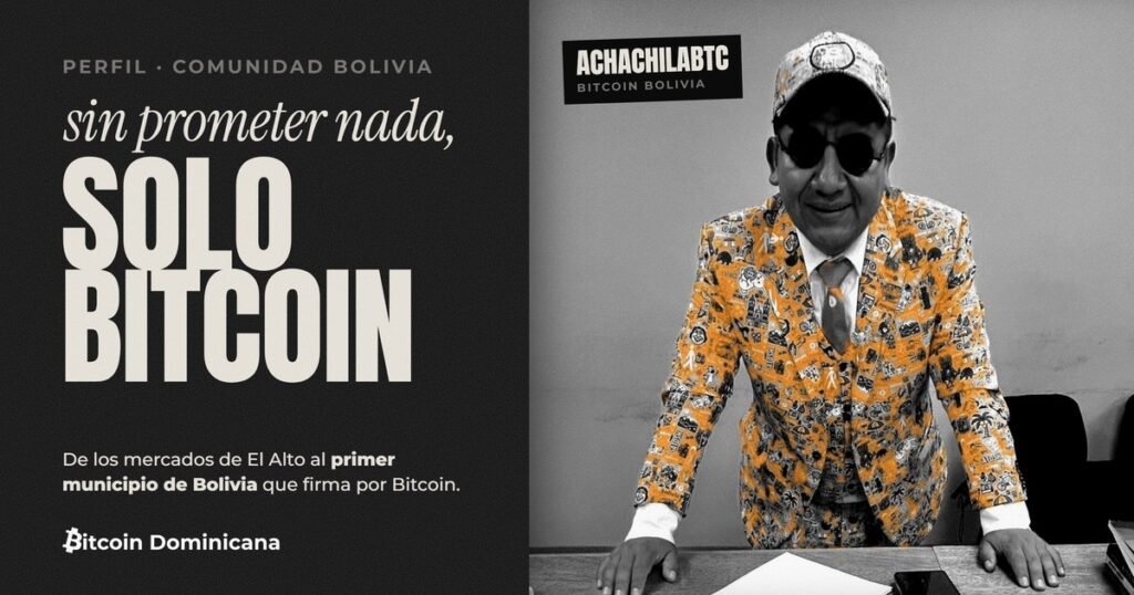 Achachilabtc con su traje naranja junto al titular «Sin prometer nada, solo bitcoin»